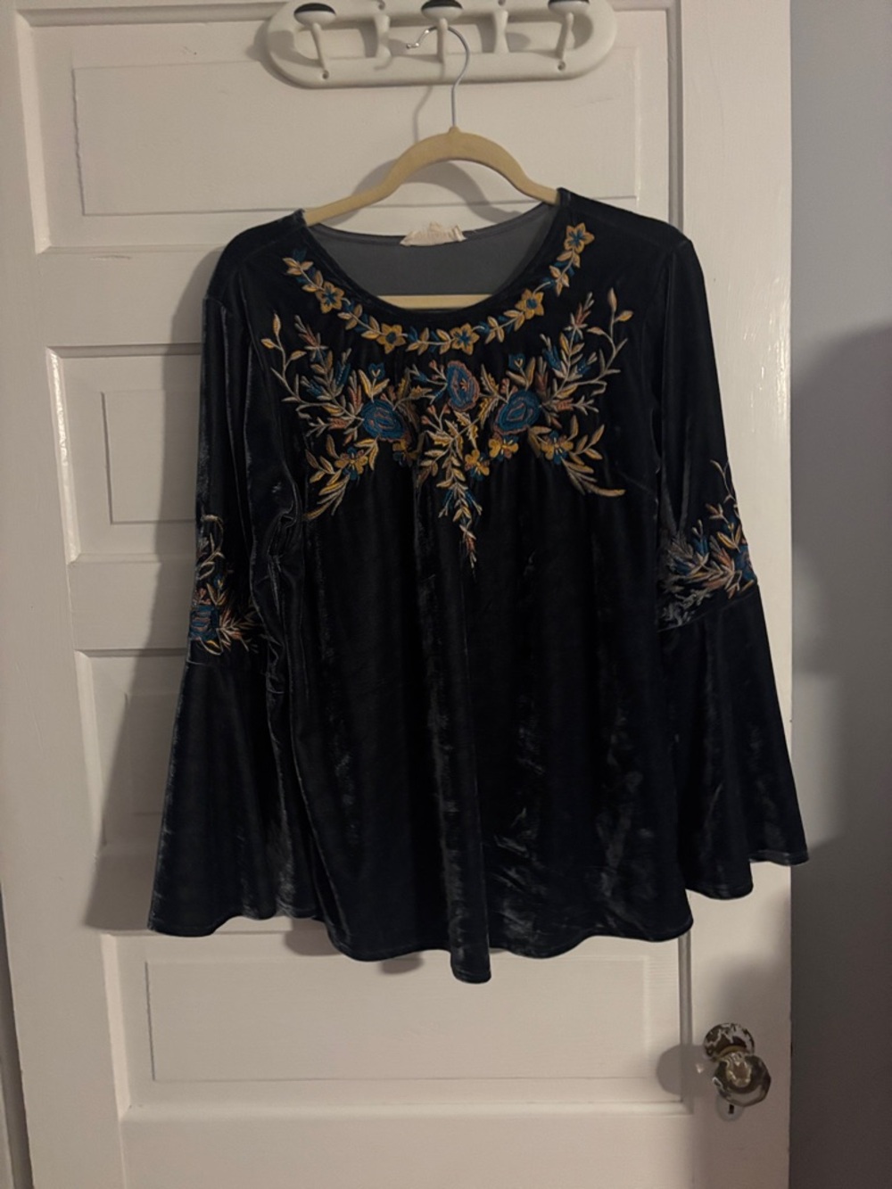 Velvet Floral Embroidered Scoop Neck Top in Blue